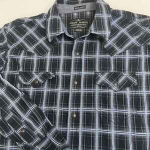 Cody James Regular Fit Western Shirt Men's M Black/Blue‎ Plaid Sawtooth Pockets